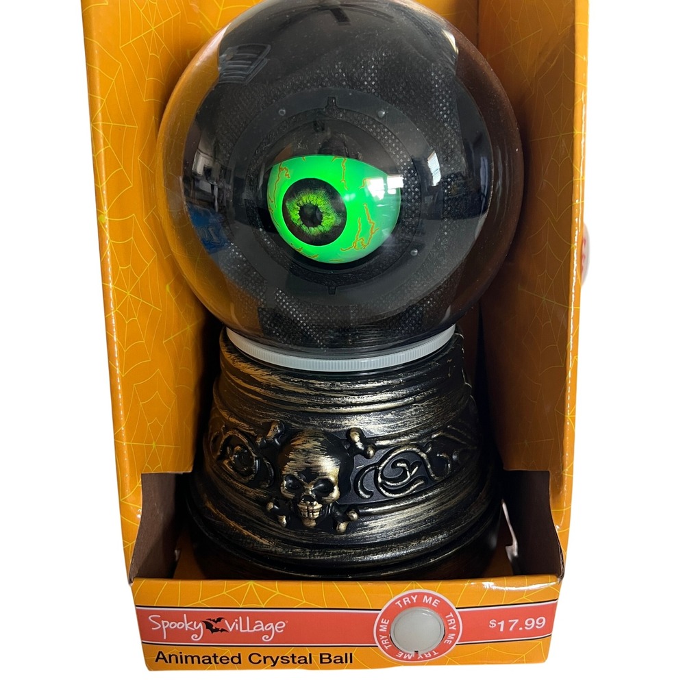 Spooky Village Animated Crystal Ball Bronze Eyeball Skull Halloween Motion